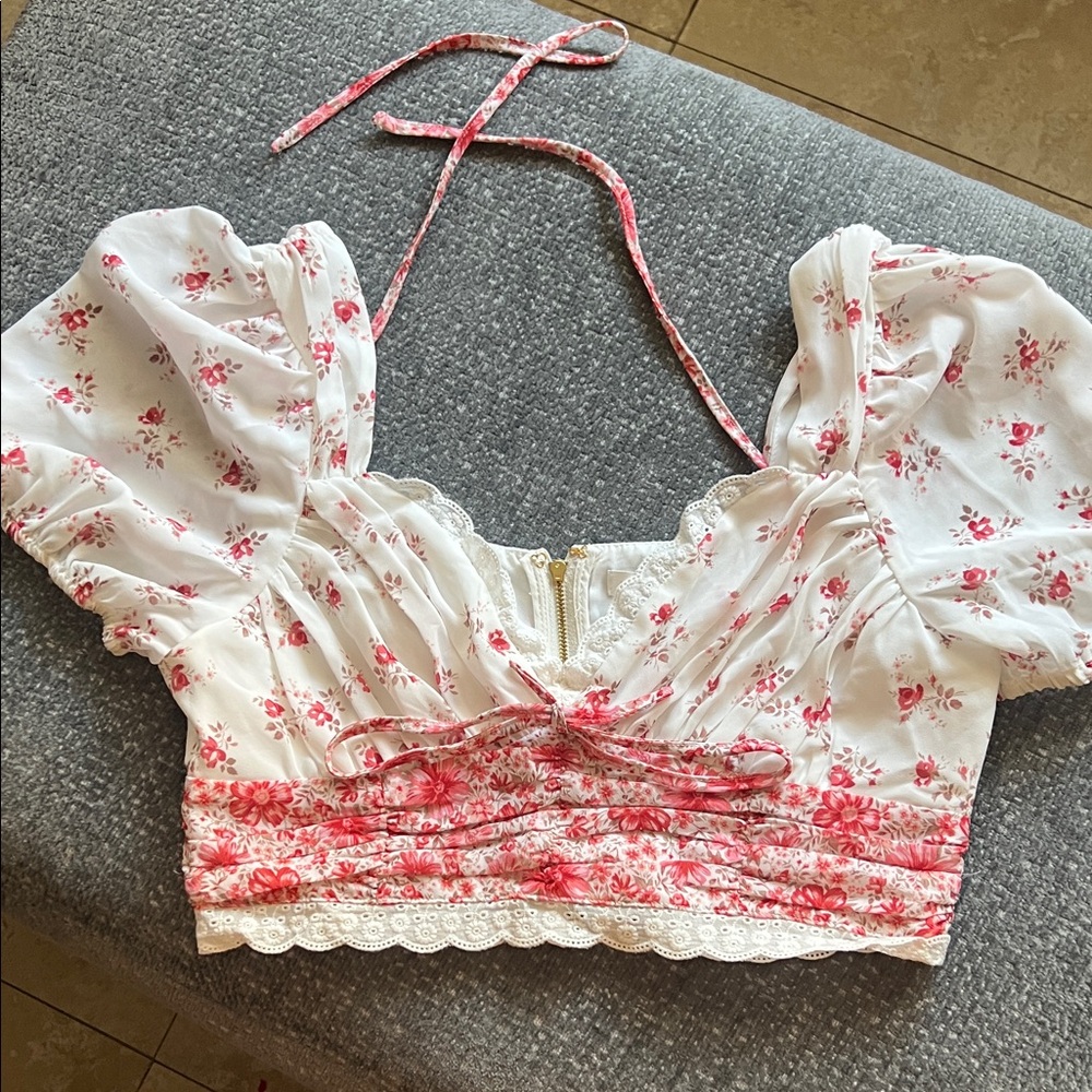Altar'd State Pink Floral Blouse with Puff Sleeves
